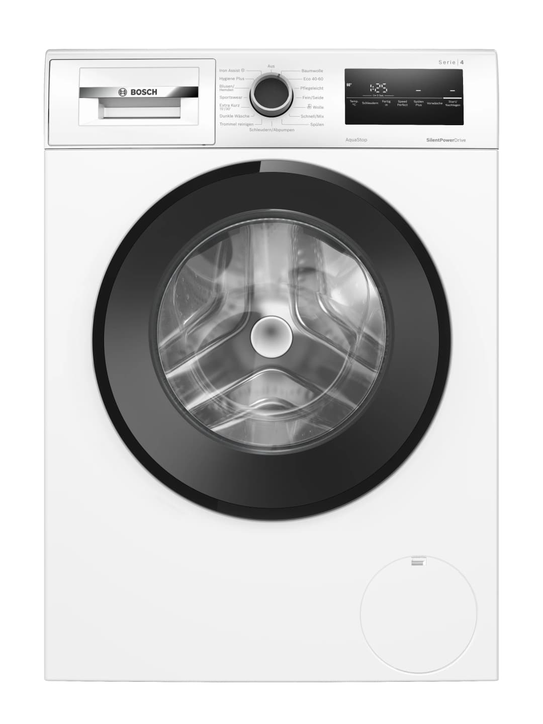 Eine weiße Bosch Waschmaschine mit schwarzer Tür und einem digitalen Display.