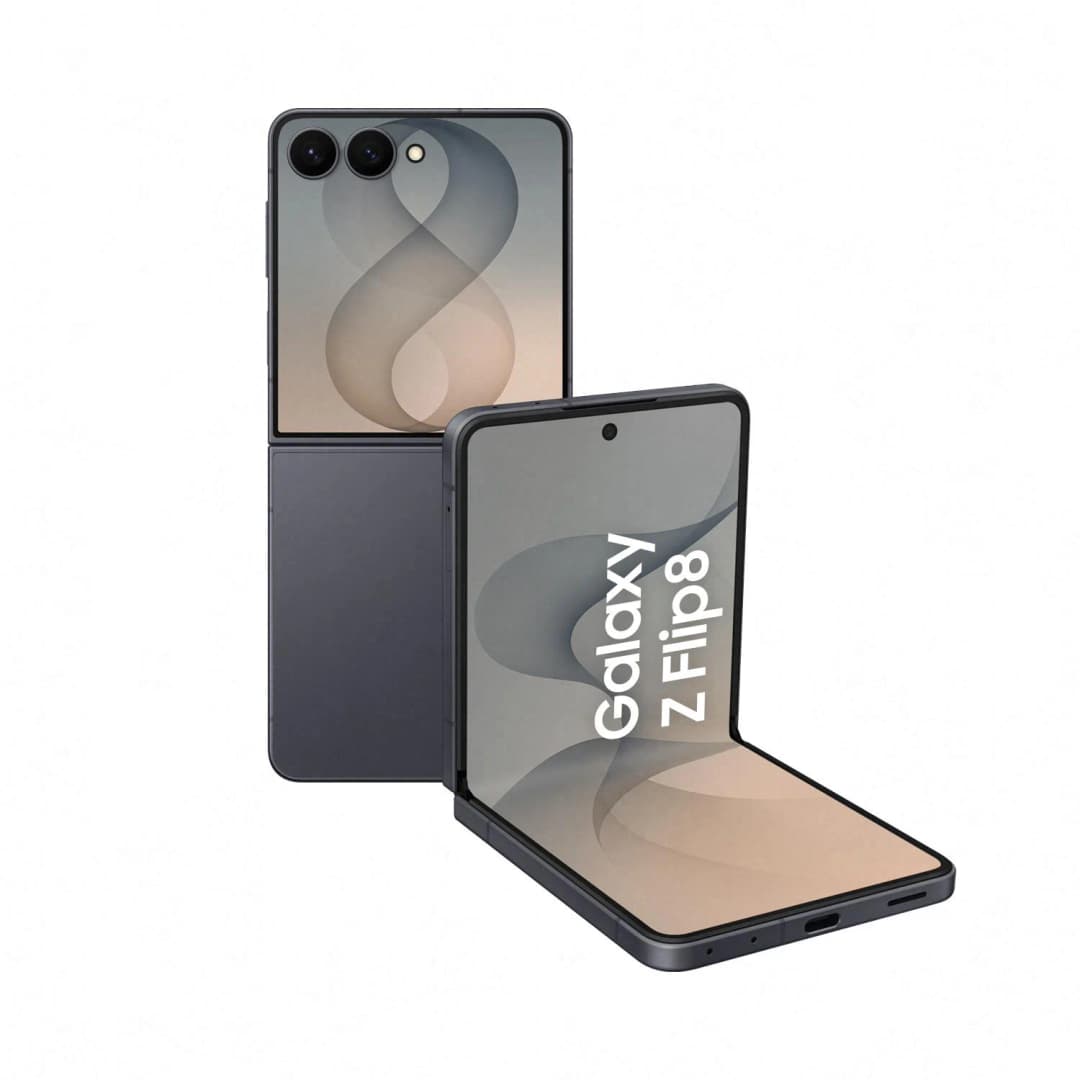 Ein geschlossenes und ein aufgeklapptes dunkles Samsung Galaxy Z Flip 8.