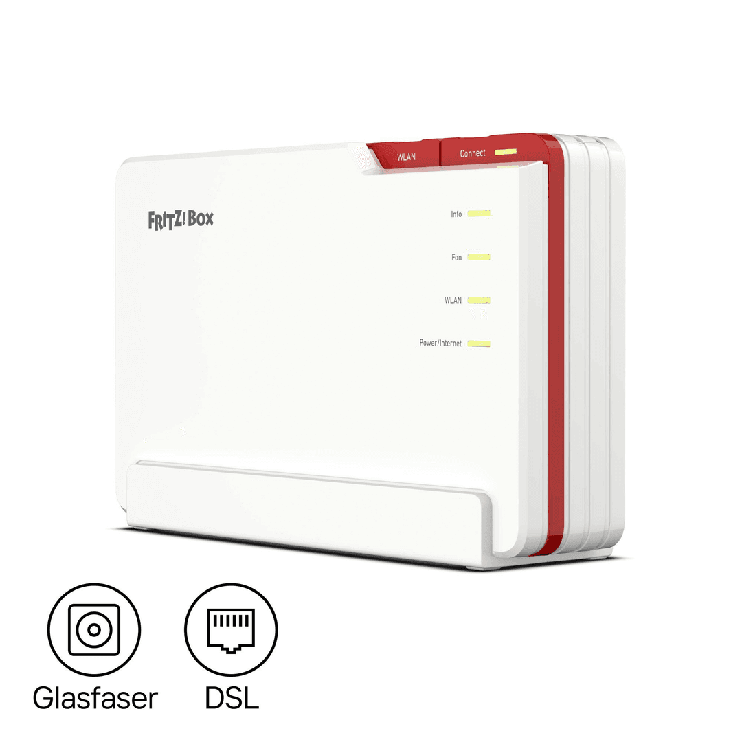 Weiße Fritz!Box mit roten Akzenten, Status-LEDs und Symbolen für Glasfaser und DSL unten.