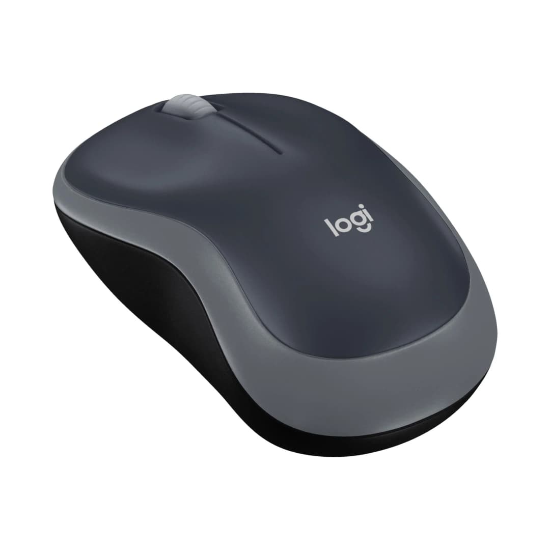 Eine dunkelgraue und schwarze kabellose Logitech-Computermaus mit hellem Scrollrad vor weißem Hintergrund.