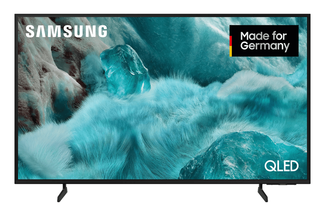 Samsung QLED-Fernseher mit einer abstrakten, blau-weißen Eis- und Steinszene auf dem Display.