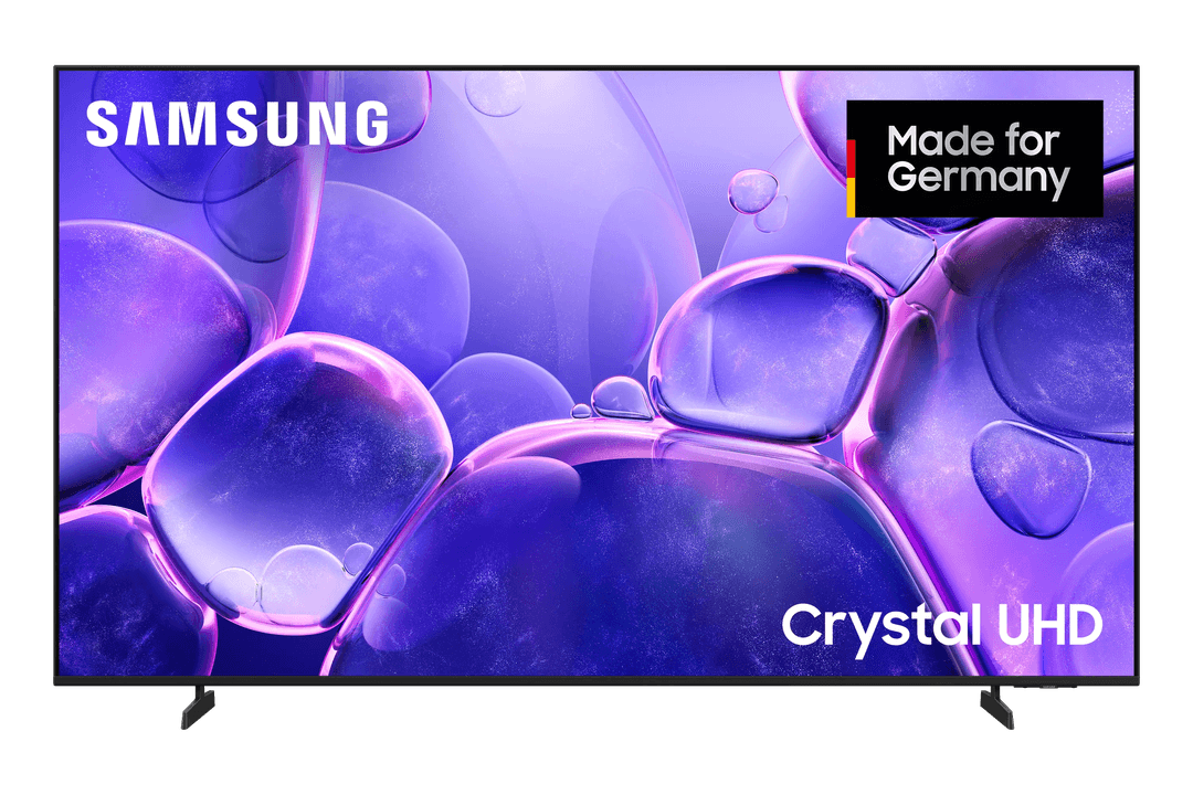 Samsung Crystal UHD-Fernseher zeigt eine farbenfrohe violette Blasen-Animation.