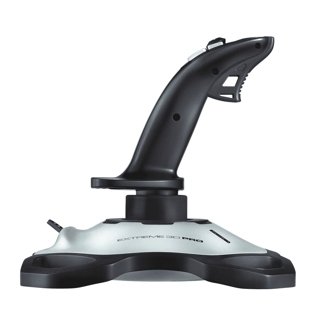 Schwarzer und silberner Joystick. Er hat einen Griff, Knöpfe und eine Basis.