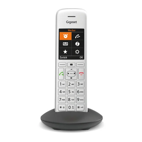 Ein weißes Gigaset schnurloses Telefon mit einer Ladestation.