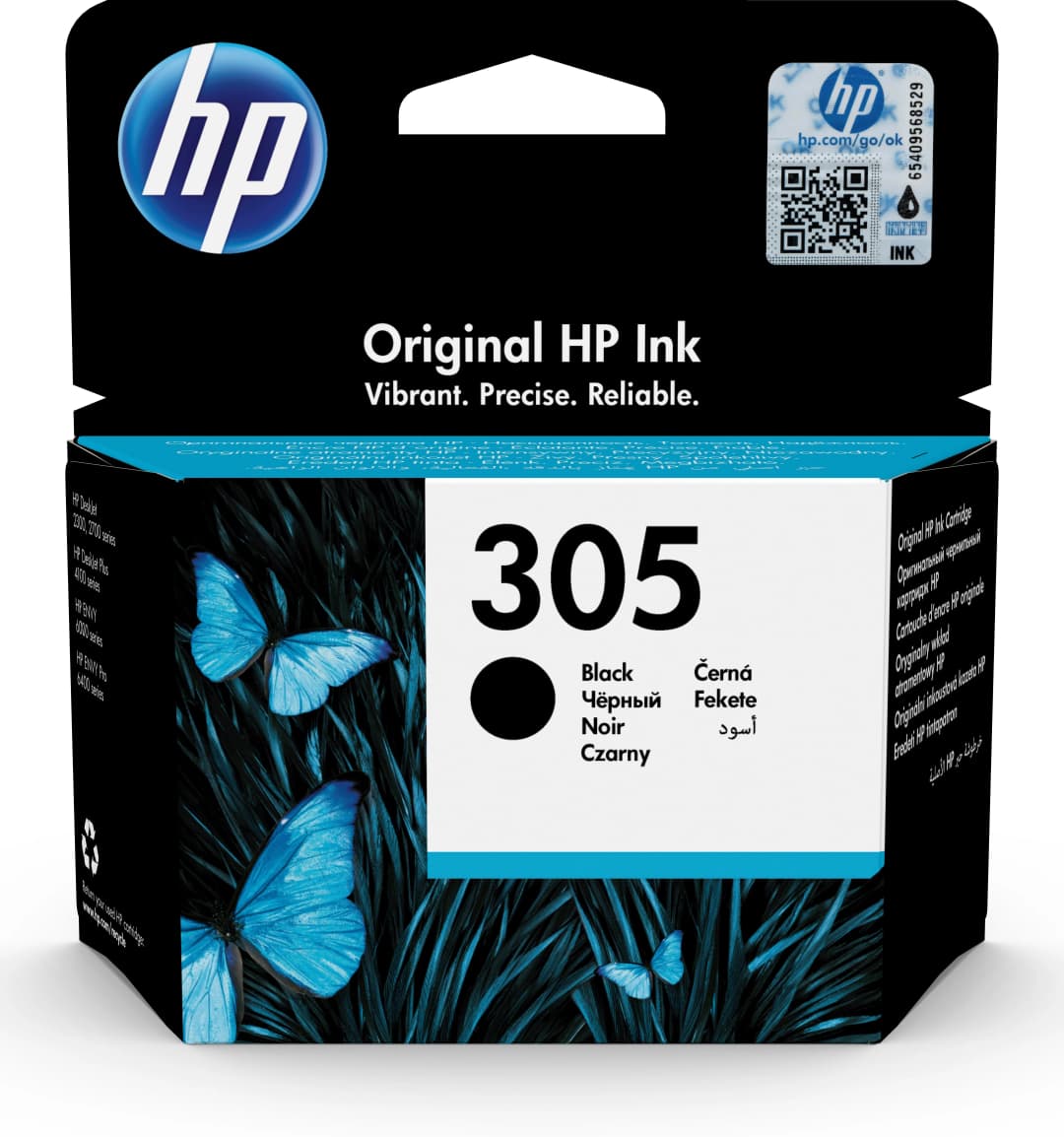 HP 305 Tintenpatronenbox mit schwarzer Tinte und blauen Schmetterlingsbildern.