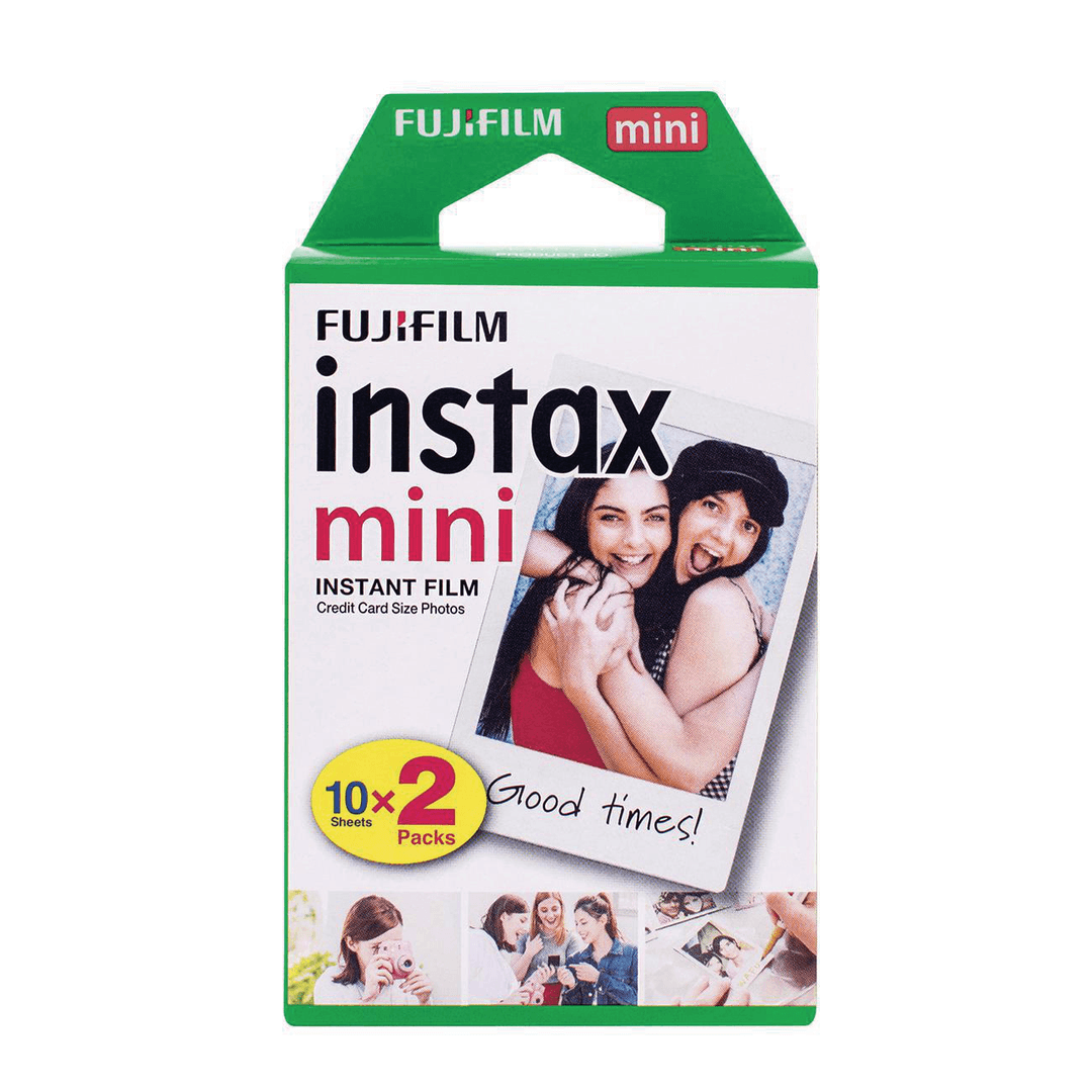 Eine Fujifilm Instax Mini Filmbox. Sie zeigt zwei lächelnde Frauen und den Text 'Good times!'. Die Box ist grün und weiß.