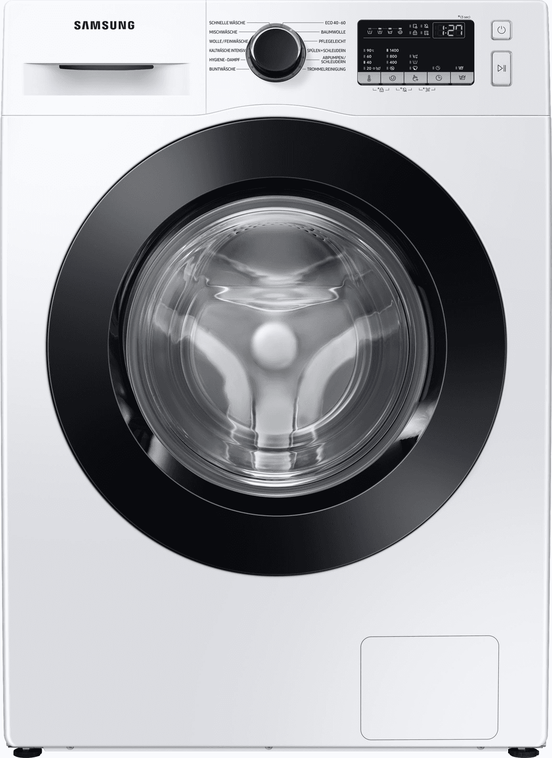 Weiße Samsung Waschmaschine. Die Tür und das Bedienfeld sind sichtbar.