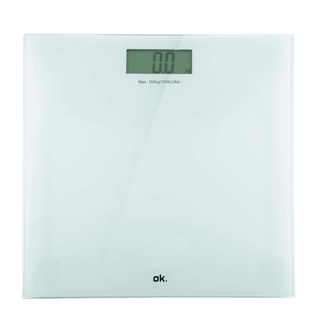 Digitale Waage mit weißer Oberfläche und Digitalanzeige mit 0,0 kg.