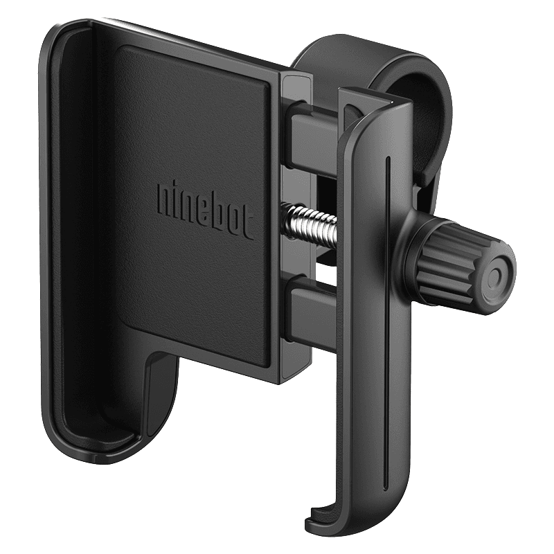 Schwarzer Telefonhalter für einen Roller. Er hat eine Klemme und einen Telefonhalter mit Ninebot-Logo.