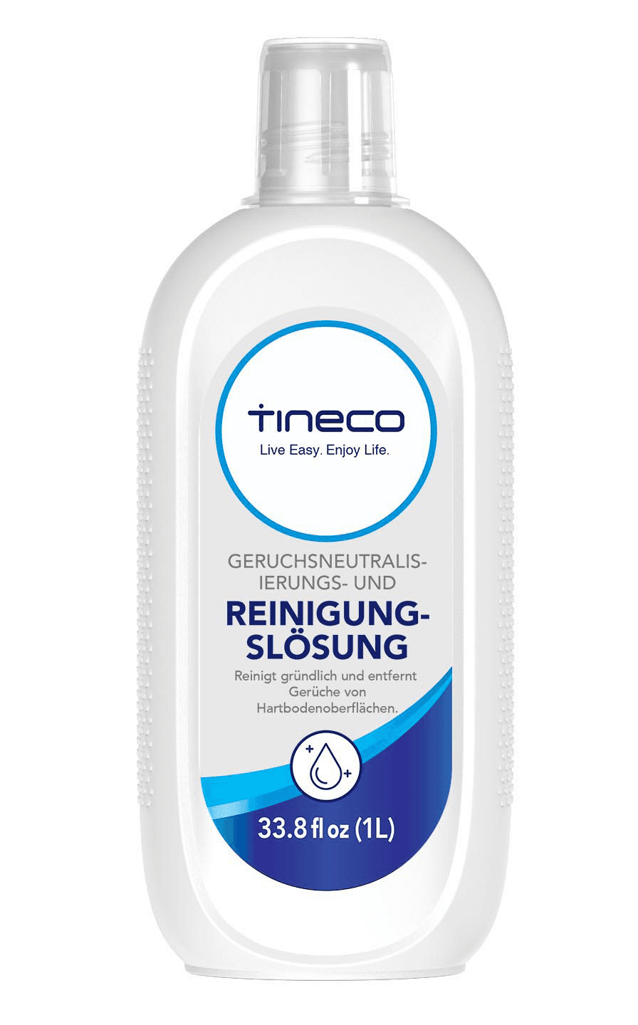 Weiße Flasche Reinigungslösung mit blau-weißem Etikett. Marke: Tineco.