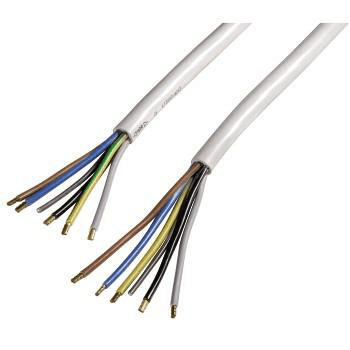 Zwei weiße Elektrokabel mit mehreren farbigen Drähten, die sich von den Enden erstrecken.