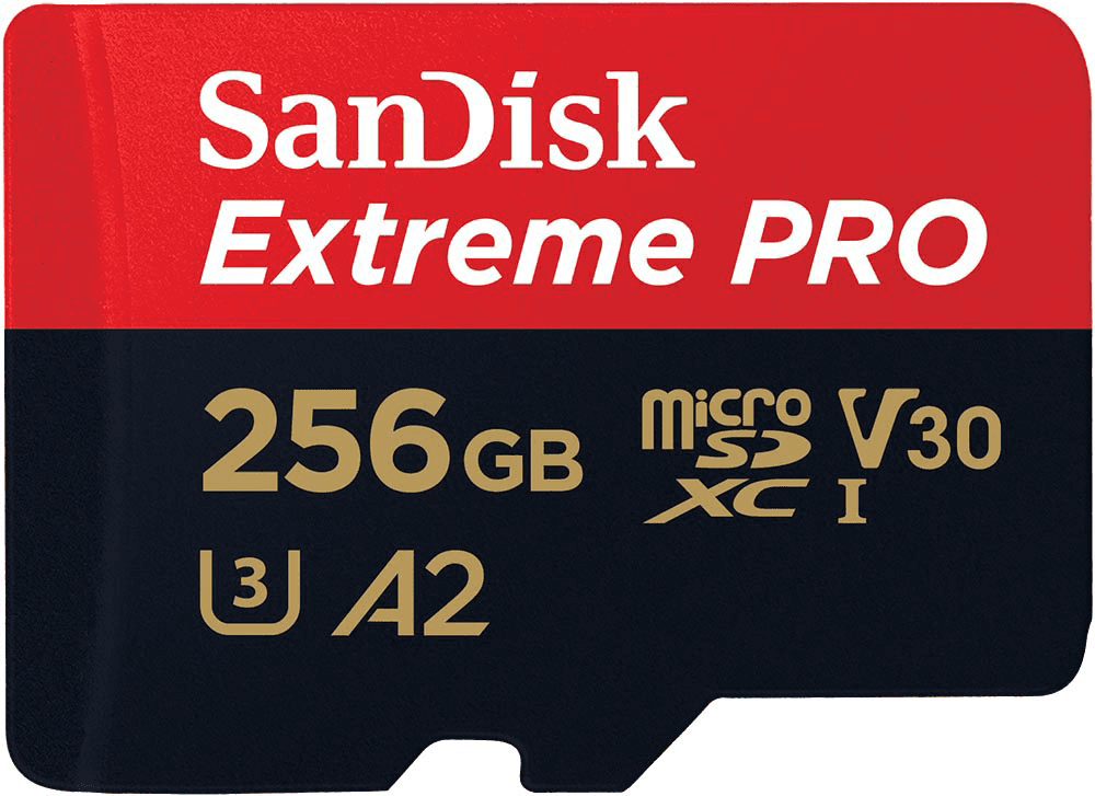SanDisk Extreme PRO microSD-Karte. Rot/Schwarz. Text: 256 GB, V30, A2.