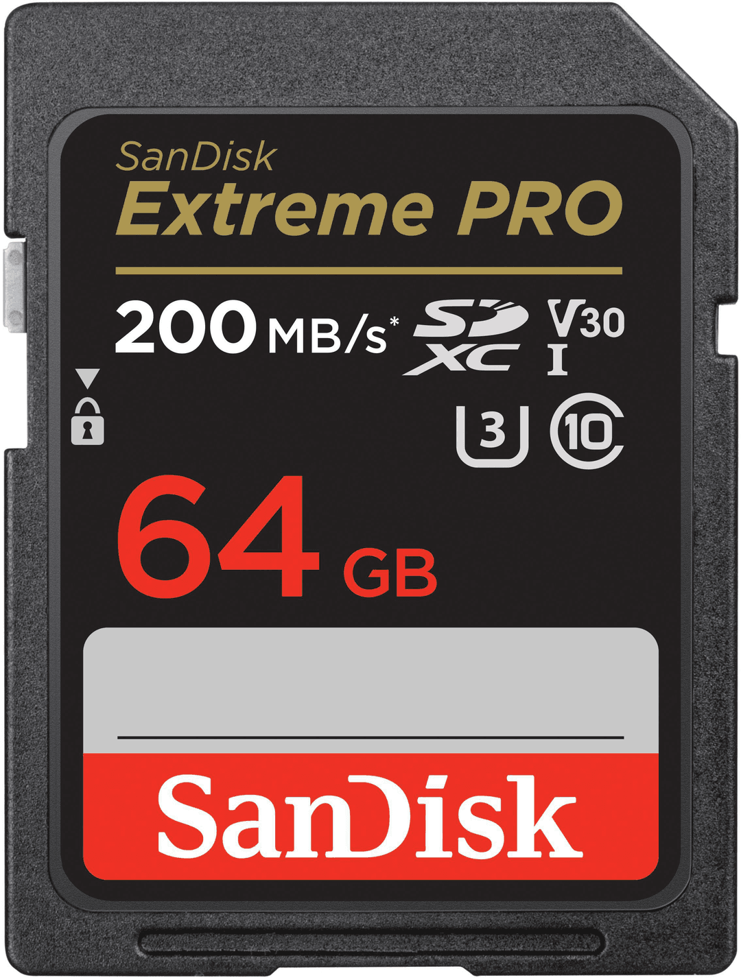 Eine schwarze SanDisk Extreme PRO SD-Karte mit Text und Details.