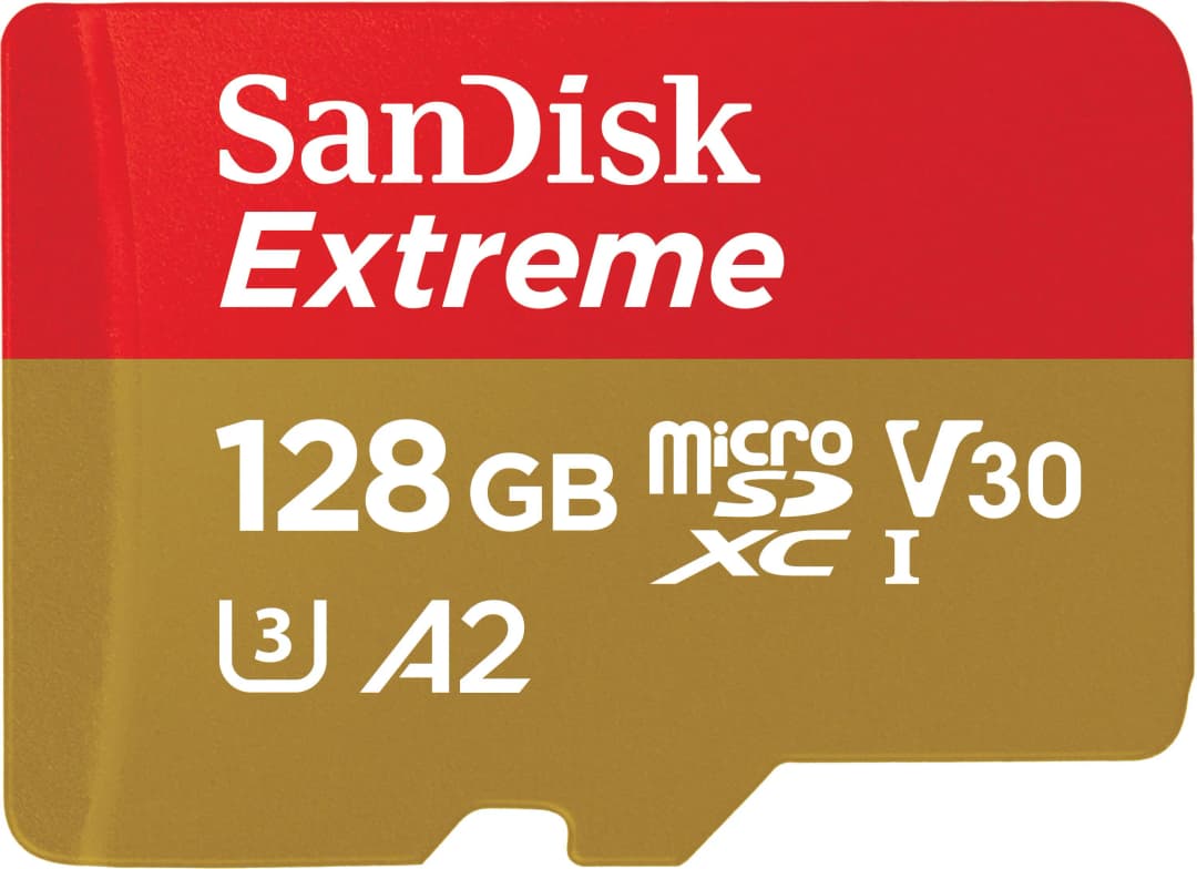 SanDisk Extreme Micro-SD-Karte. Roter oberer, goldener unterer Bereich.
