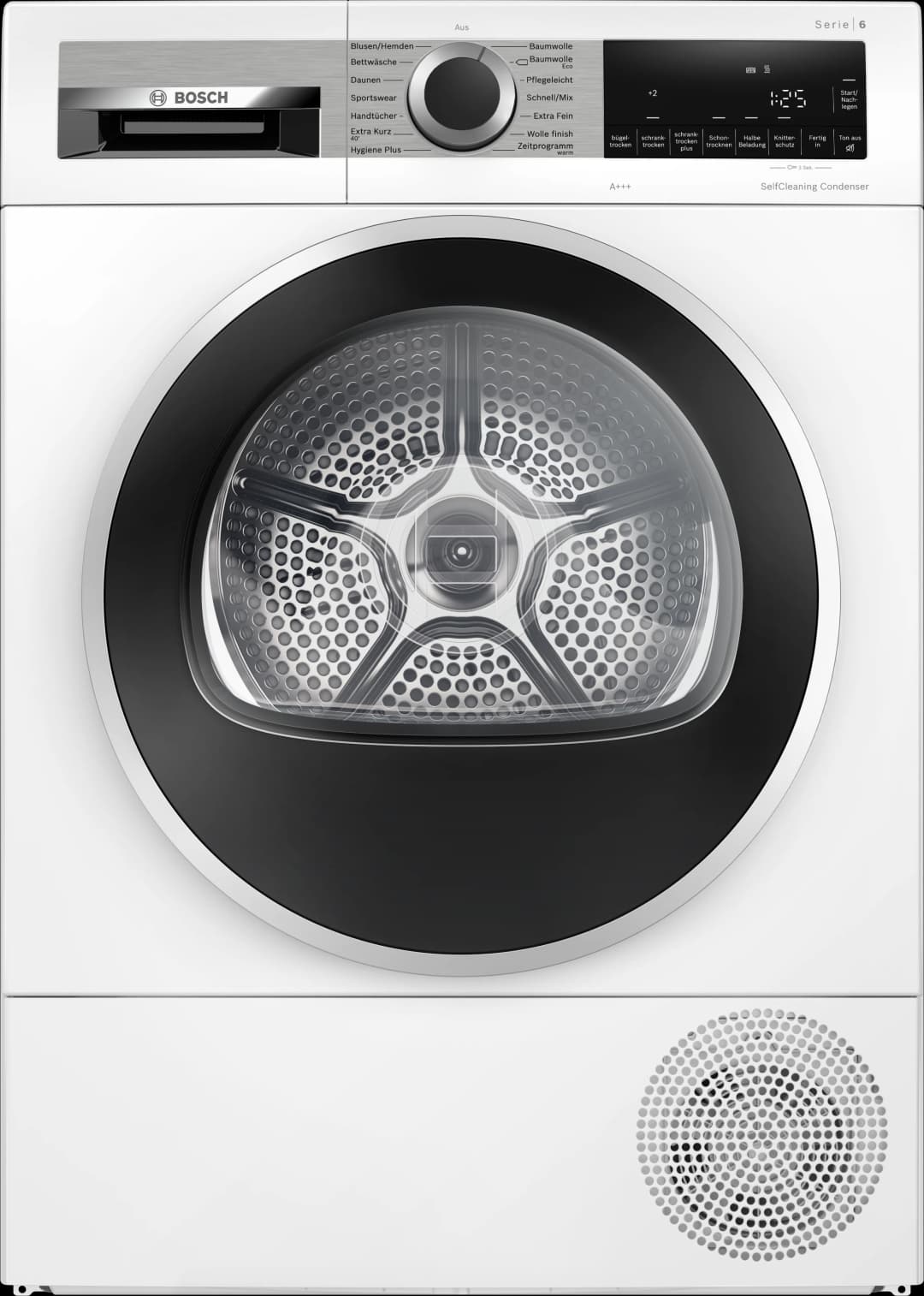 Bosch Serie 6 Trockner, weiß mit schwarzer Tür und Digitalanzeige.