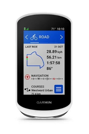Ein Garmin Fahrradcomputer zeigt eine Kartenroute und Fahrstatistiken an. Der Bildschirm zeigt Daten an.