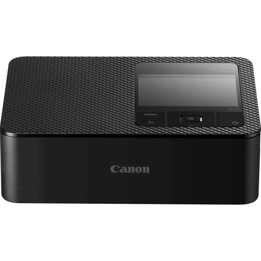 Schwarzer Canon Selphy Drucker. Die Vorderseite hat einen Bildschirm und Knöpfe. Markenname drauf.