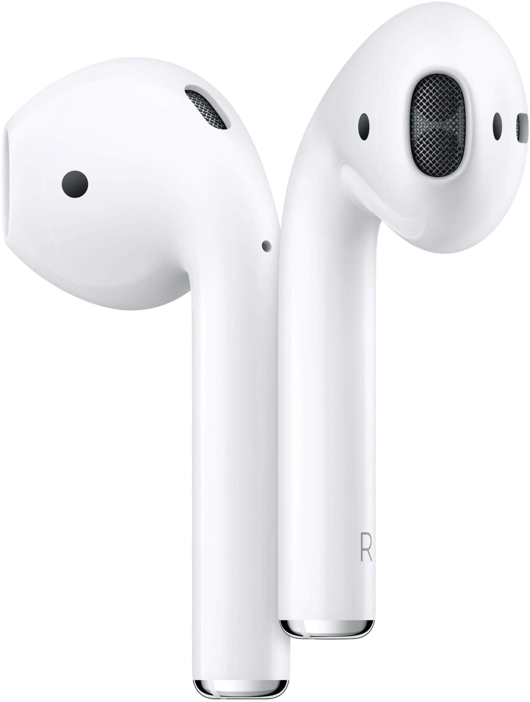 Weiße Apple AirPods, eine mit 'R' darauf. Sie sind vor weißem Hintergrund isoliert.