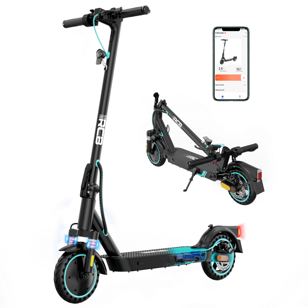 Schwarzer Elektroroller mit tealfarbenen Akzenten, gefaltet und mit mobiler App-Oberfläche angezeigt.