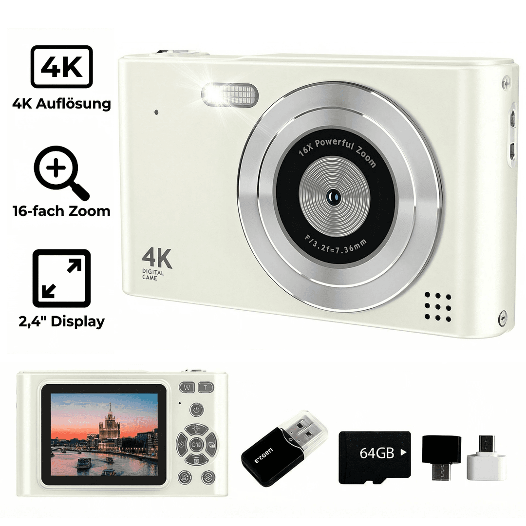 Eine weiße Digitalkamera mit 16-fachem Zoom, 4K-Auflösung und 2,4-Zoll-Display.