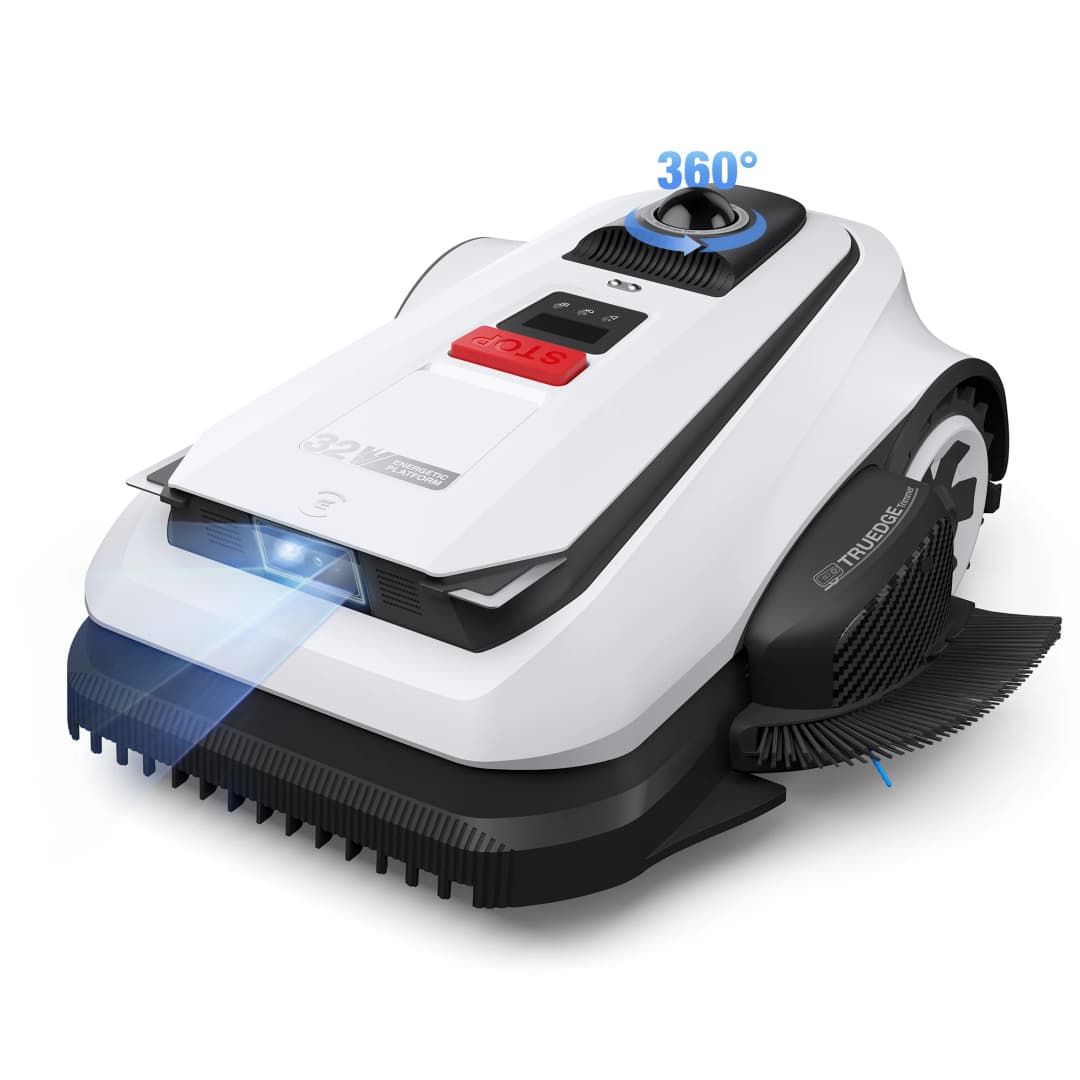 Ein weißer Mähroboter mit blauem Lichtstrahl und 360-Grad-Kamera.