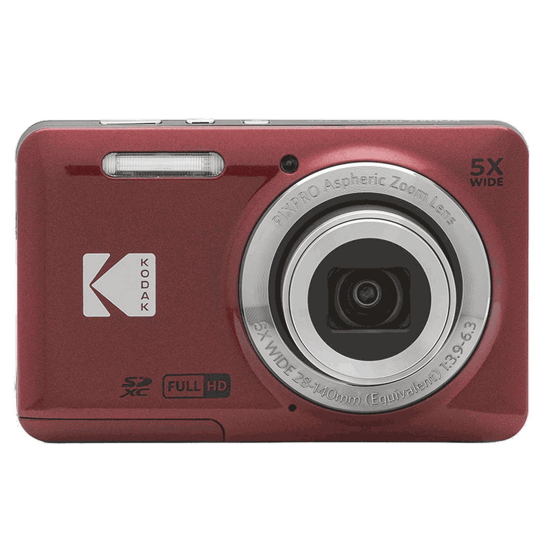 Rote Digitalkamera mit 5-fach Zoomobjektiv, Kodak-Logo und Blitz.