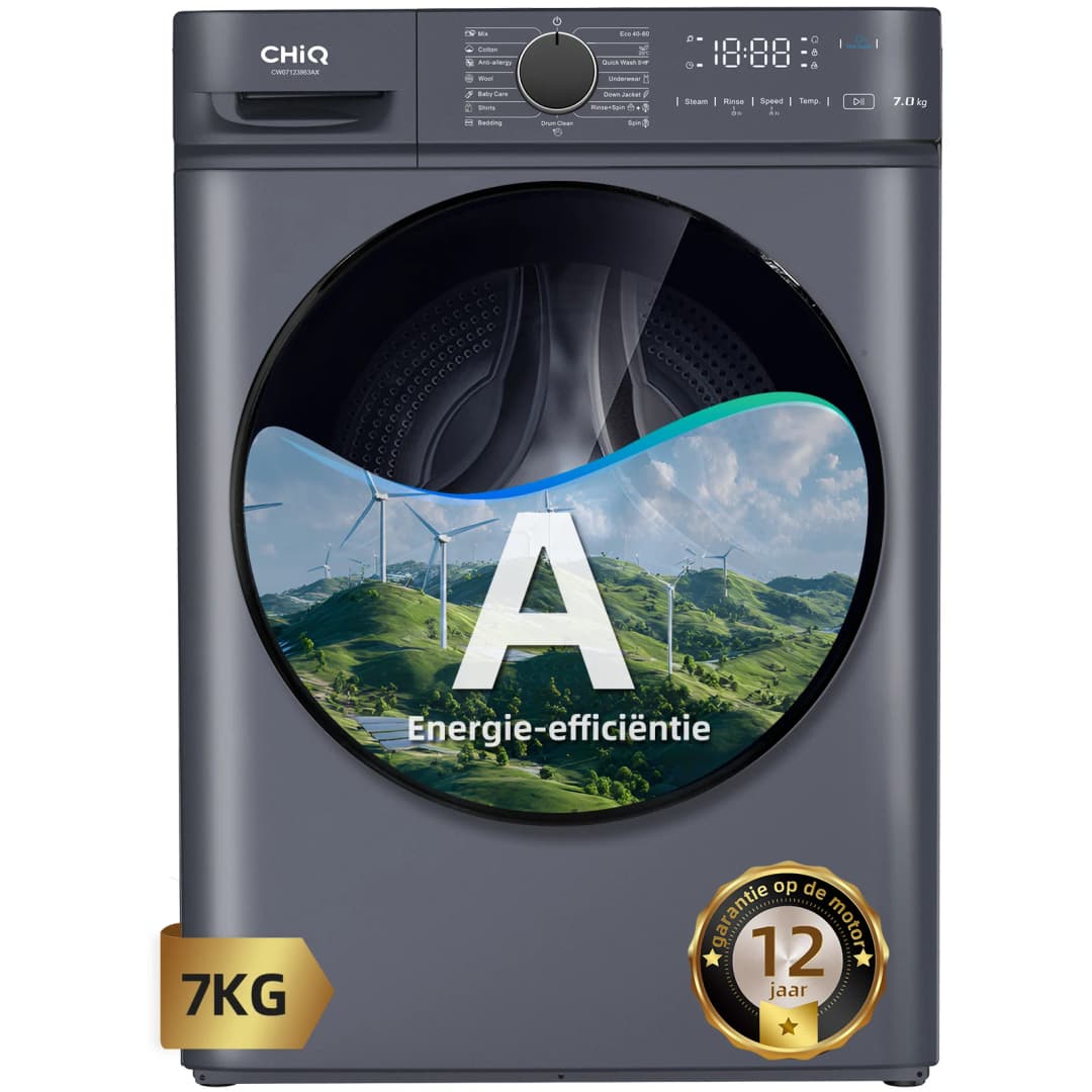 Graue Waschmaschine mit Energieeffizienzklasse A und 7 kg Fassungsvermögen.
