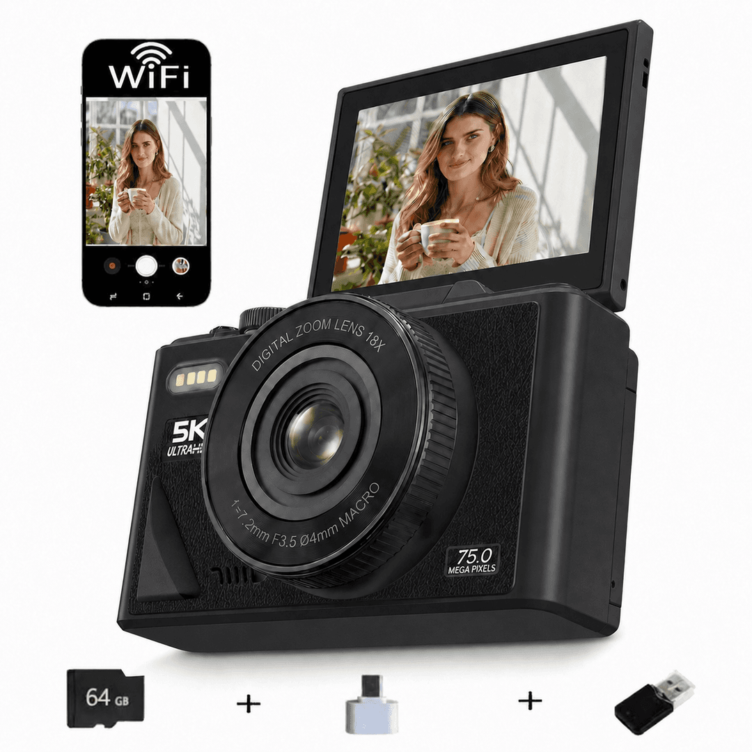 Schwarze Kamera mit 18x Zoom, 5K Ultra HD, 75 MP. Mitgeliefert: 64GB SD, Adapter, USB-Stick.