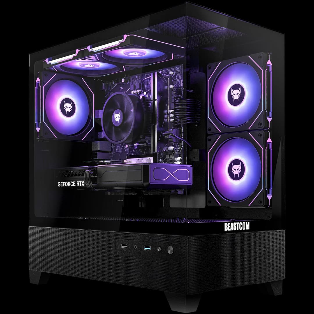Ein schwarzer Beastcom PC mit Glasfront, beleuchteten Lüftern in Lila und blauen Akzenten sowie einer GeForce RTX Grafikkarte.