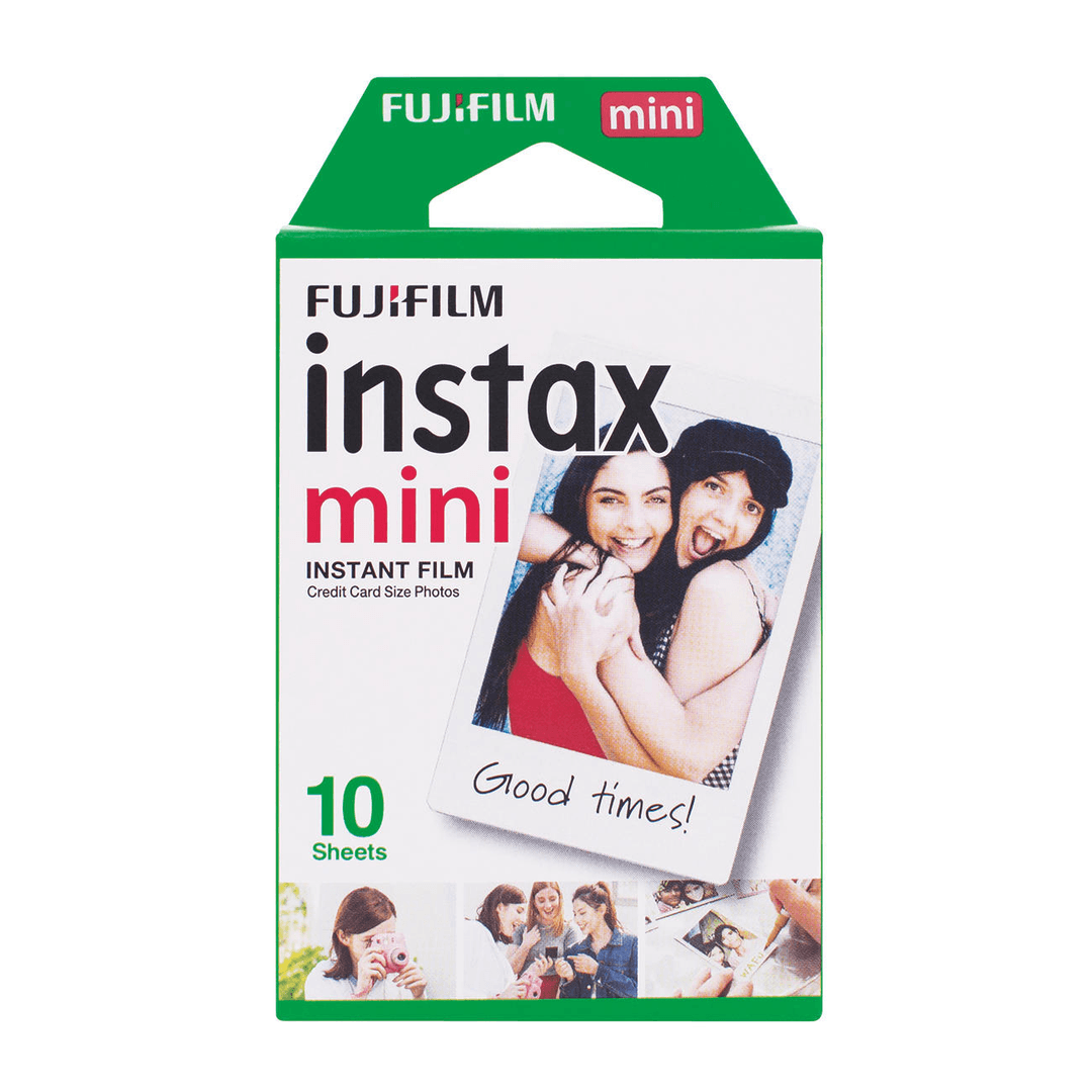Schachtel mit Fujifilm Instax Mini Film. Grün-weiße Verpackung, Foto von zwei Frauen.