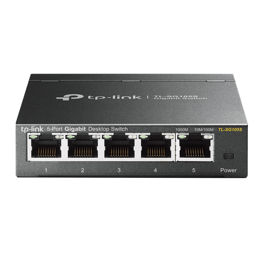 Tp-link 5-Port Gigabit Desktop Switch. Schwarze Box mit Ports und Betriebsanzeige.