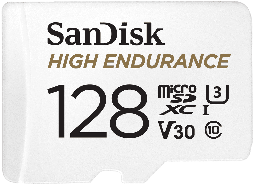 Sandisk High Endurance 128GB Micro-SD-Karte. Es hat die Logos SDXC und U3 sowie V30.