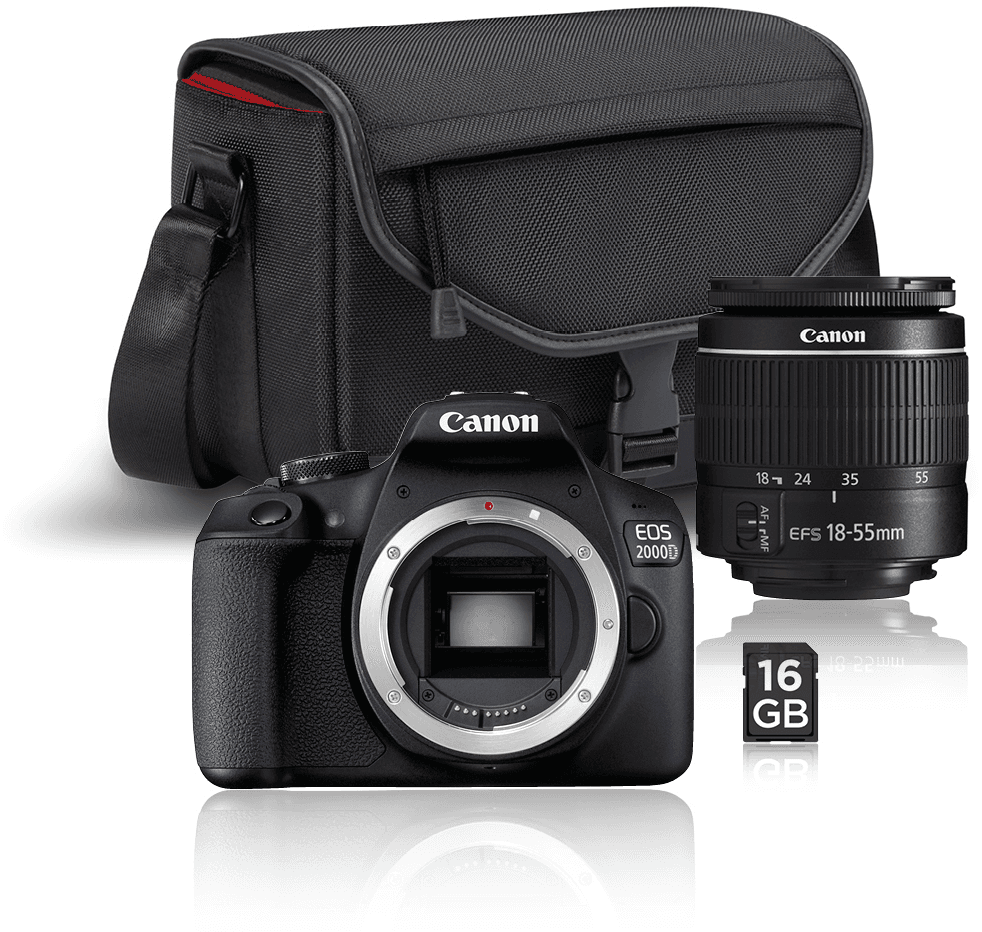 Canon Kamera-Kit: Kamera, Objektiv, Tasche und Speicherkarte. Weißer Hintergrund.